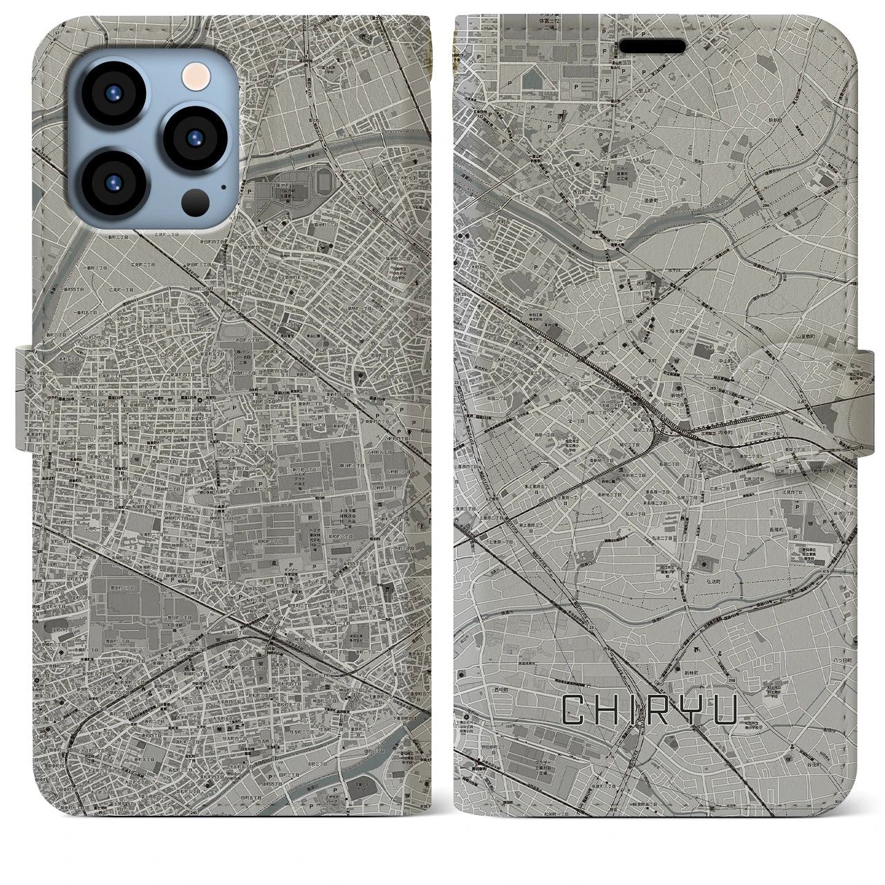 【知立】地図柄iPhoneケース（手帳両面タイプ・モノトーン）iPhone 13 Pro Max 用