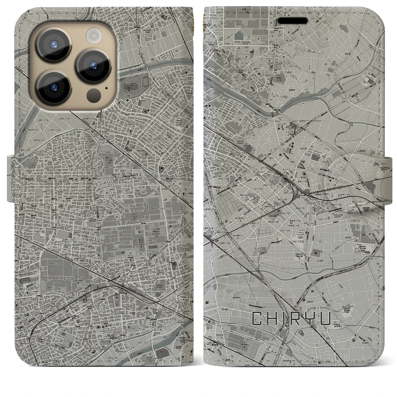 【知立】地図柄iPhoneケース（手帳両面タイプ・モノトーン）iPhone 14 Pro Max 用