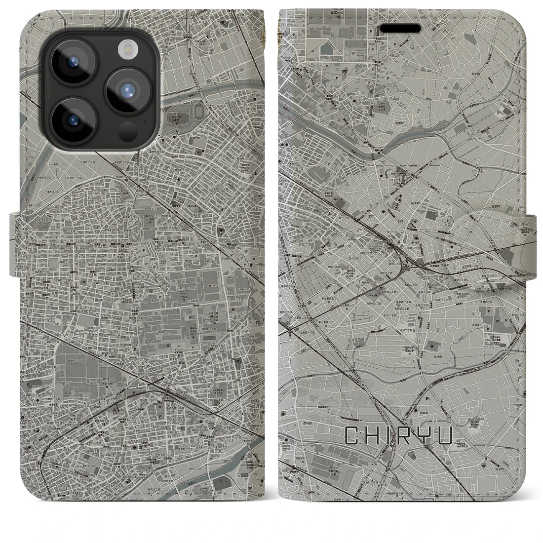 【知立】地図柄iPhoneケース（手帳両面タイプ・モノトーン）iPhone 15 Pro Max 用
