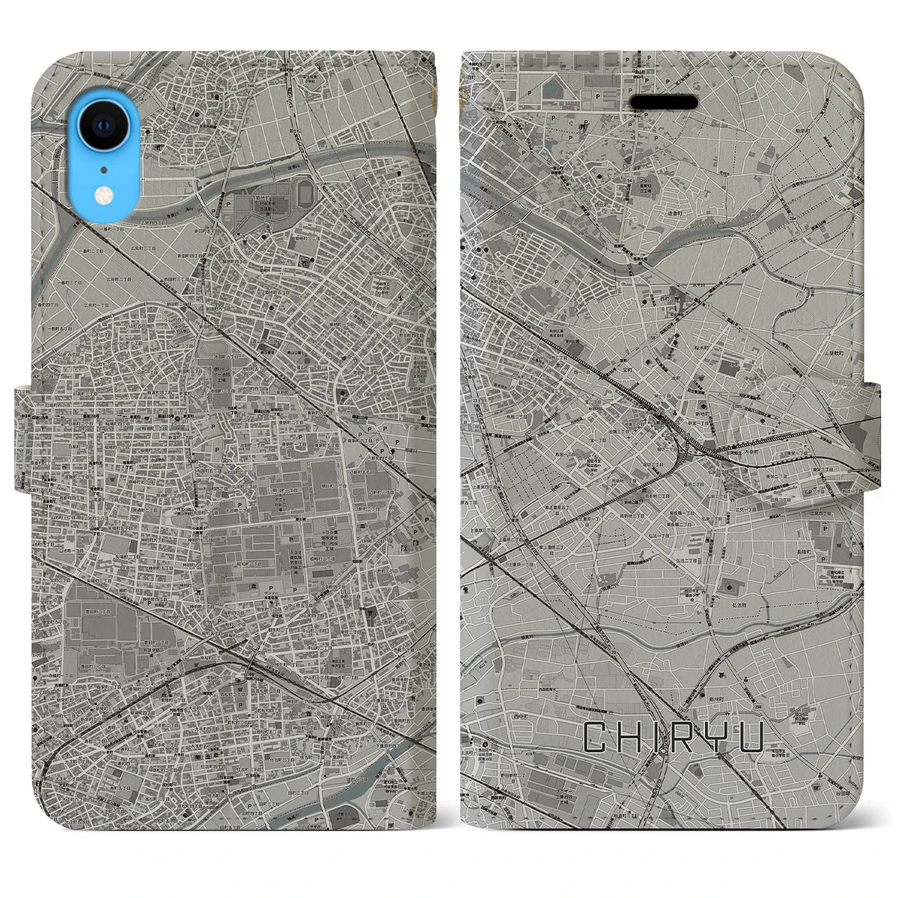 【知立】地図柄iPhoneケース（手帳両面タイプ・モノトーン）iPhone XR 用