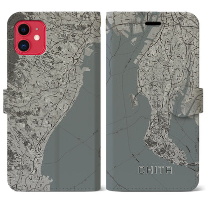 【知多2（愛知県）】地図柄iPhoneケース（手帳タイプ）モノトーン・iPhone 11 用