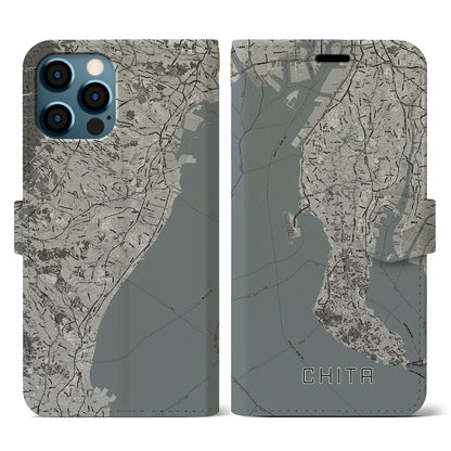 【知多2（愛知県）】地図柄iPhoneケース（手帳タイプ）モノトーン・iPhone 12 / 12 Pro 用