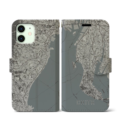 【知多2（愛知県）】地図柄iPhoneケース（手帳タイプ）モノトーン・iPhone 12 mini 用