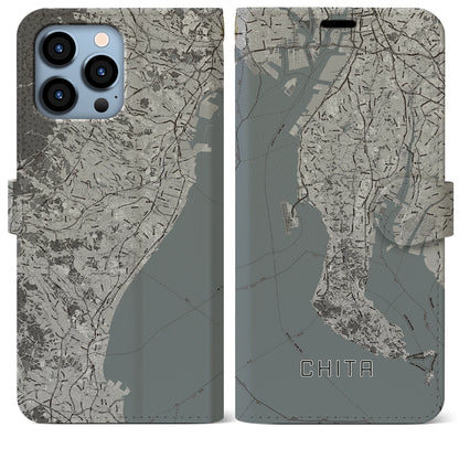 【知多2（愛知県）】地図柄iPhoneケース（手帳タイプ）モノトーン・iPhone 13 Pro Max 用