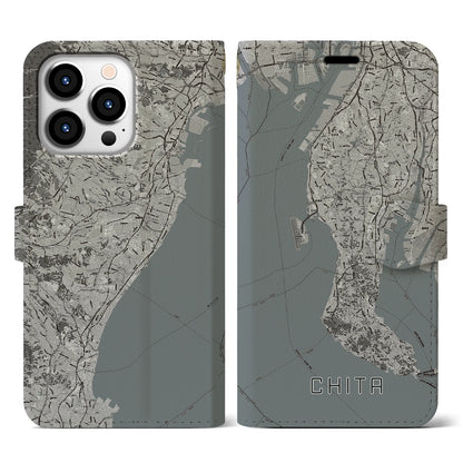 【知多2（愛知県）】地図柄iPhoneケース（手帳タイプ）モノトーン・iPhone 13 Pro 用