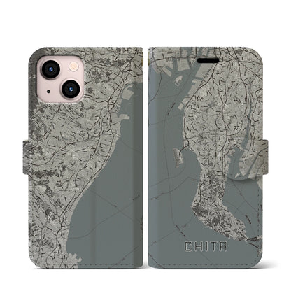 【知多2（愛知県）】地図柄iPhoneケース（手帳タイプ）モノトーン・iPhone 13 mini 用