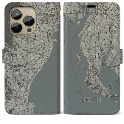 【知多2（愛知県）】地図柄iPhoneケース（手帳タイプ）モノトーン・iPhone 14 Pro Max 用