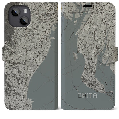 【知多2（愛知県）】地図柄iPhoneケース（手帳タイプ）モノトーン・iPhone 14 Plus 用