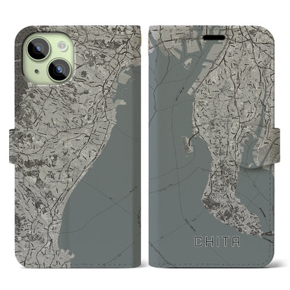 【知多2（愛知県）】地図柄iPhoneケース（手帳タイプ）モノトーン・iPhone 15 用