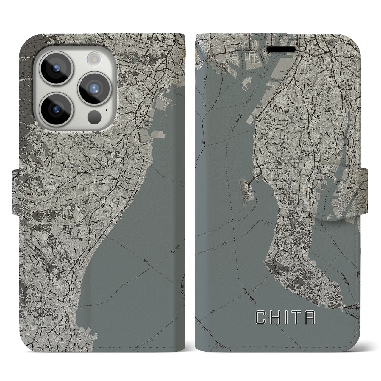 【知多2】地図柄iPhoneケース（手帳両面タイプ・モノトーン）iPhone 15 Pro 用