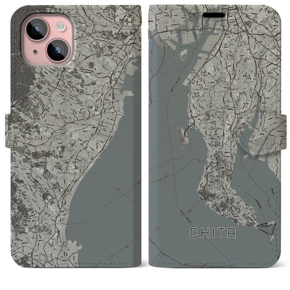 【知多2（愛知県）】地図柄iPhoneケース（手帳タイプ）モノトーン・iPhone 15 Plus 用