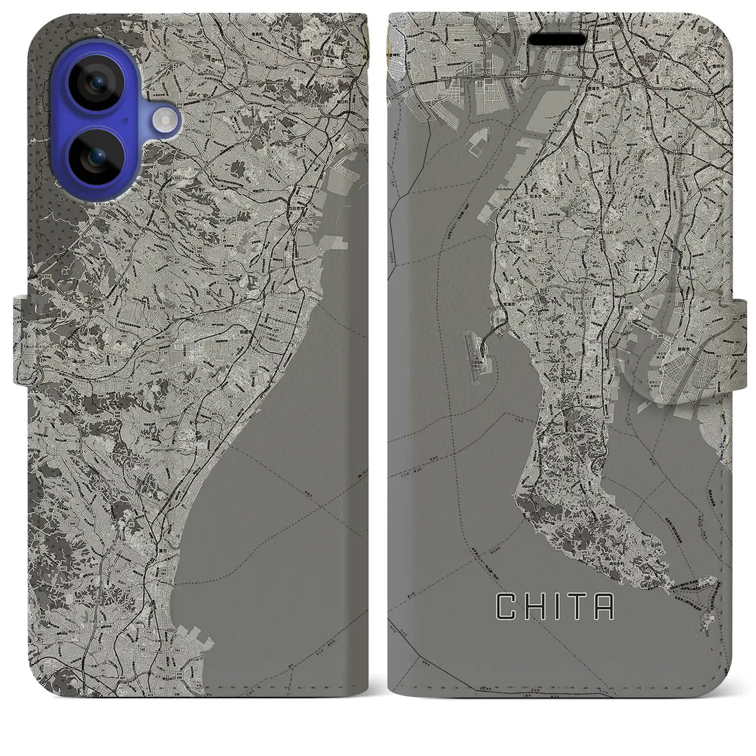 【知多2(愛知県)】地図柄iPhoneケース(手帳タイプ)モノトーン・iPhone 16 Pro Max 用