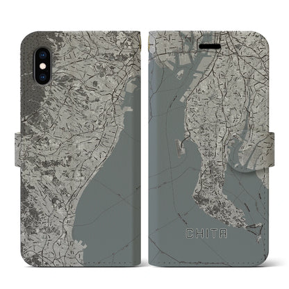 【知多2（愛知県）】地図柄iPhoneケース（手帳タイプ）モノトーン・iPhone XS / X 用