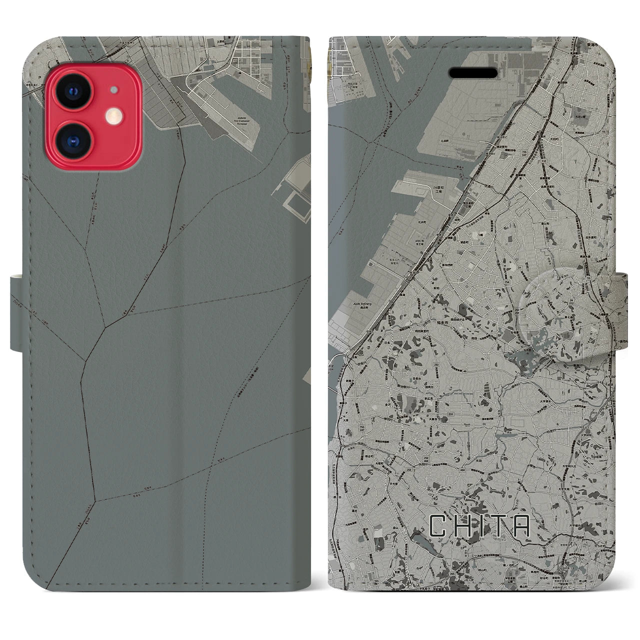 【知多】地図柄iPhoneケース（手帳両面タイプ・モノトーン）iPhone 11 用