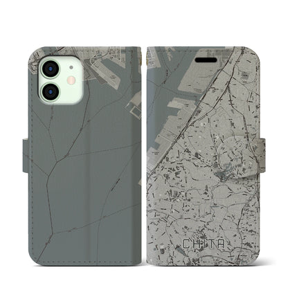 【知多（愛知県）】地図柄iPhoneケース（手帳タイプ）モノトーン・iPhone 12 mini 用