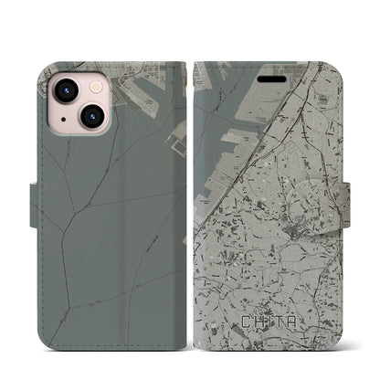 【知多（愛知県）】地図柄iPhoneケース（手帳タイプ）モノトーン・iPhone 13 mini 用