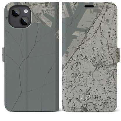 【知多（愛知県）】地図柄iPhoneケース（手帳タイプ）モノトーン・iPhone 14 Plus 用