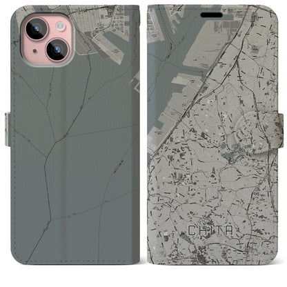 【知多（愛知県）】地図柄iPhoneケース（手帳タイプ）モノトーン・iPhone 15 Plus 用