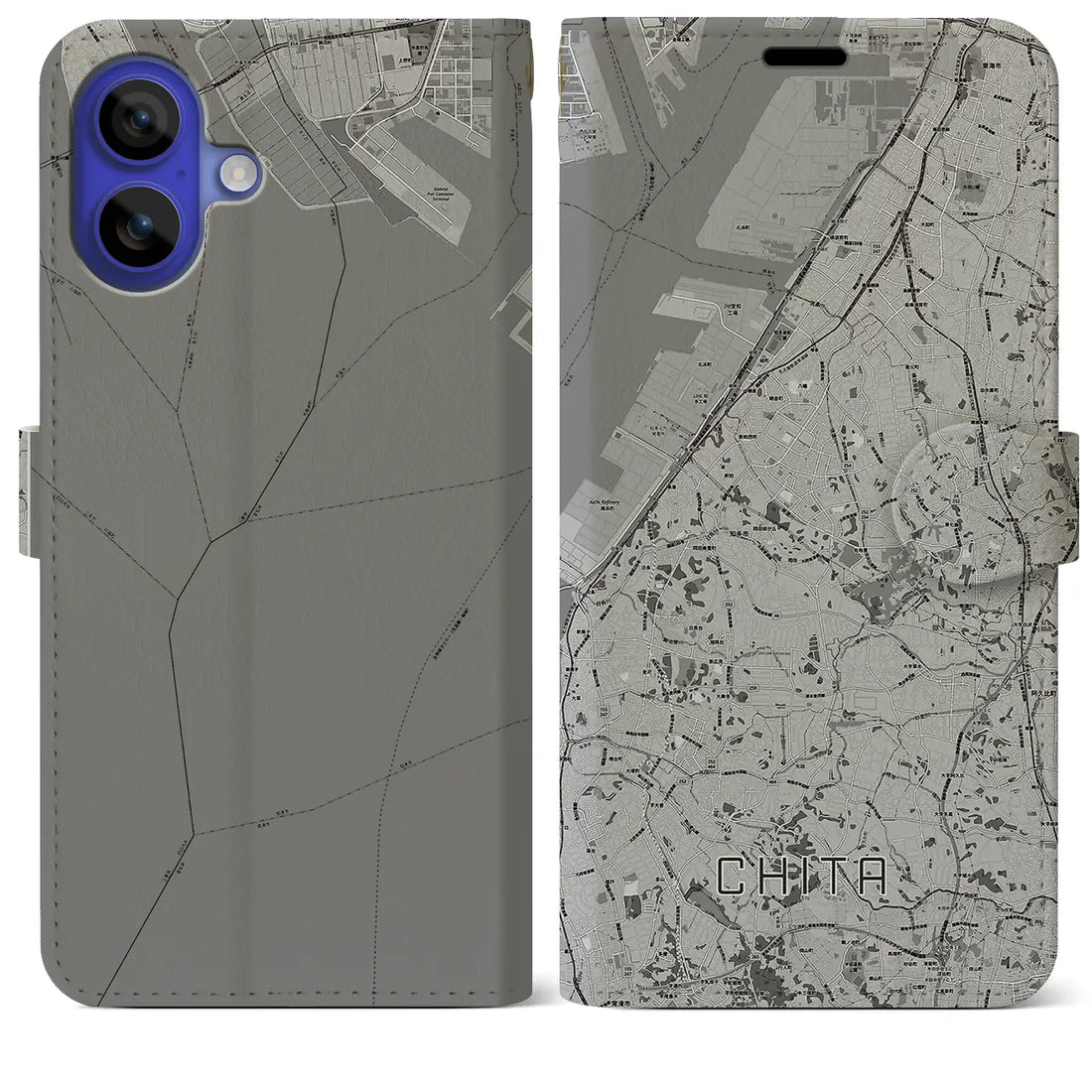 【知多(愛知県)】地図柄iPhoneケース(手帳タイプ)モノトーン・iPhone 16 Pro Max 用