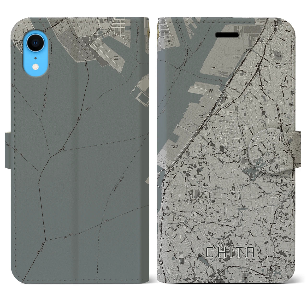 【知多】地図柄iPhoneケース（手帳両面タイプ・モノトーン）iPhone XR 用