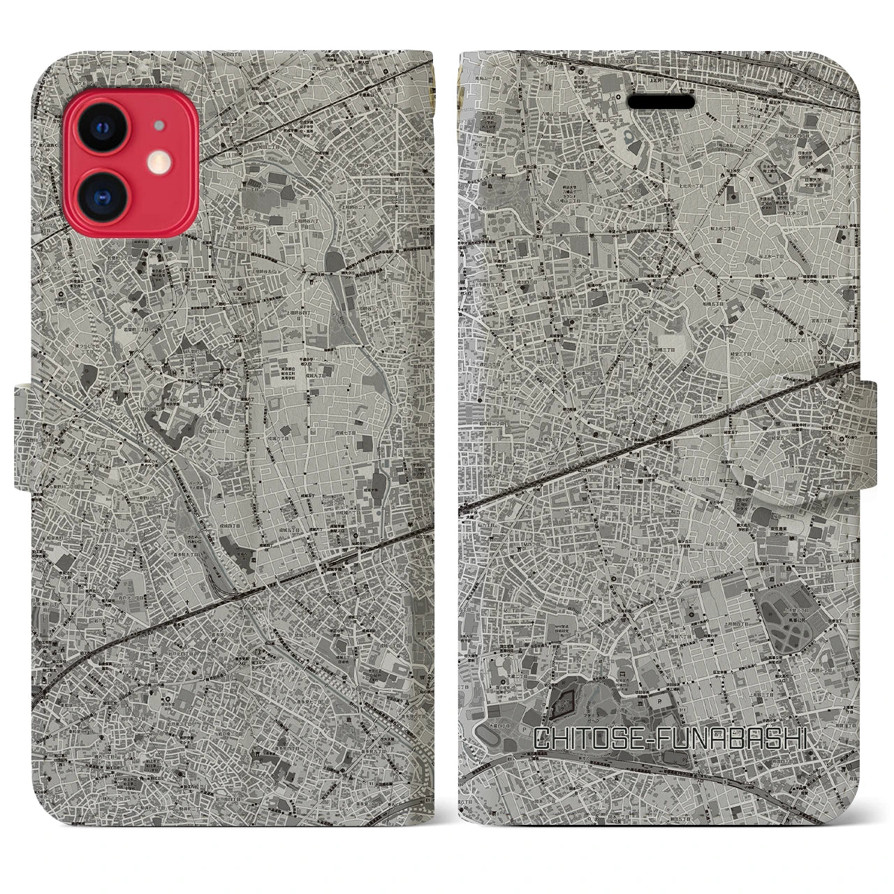 【千歳船橋】地図柄iPhoneケース（手帳両面タイプ・モノトーン）iPhone 11 用