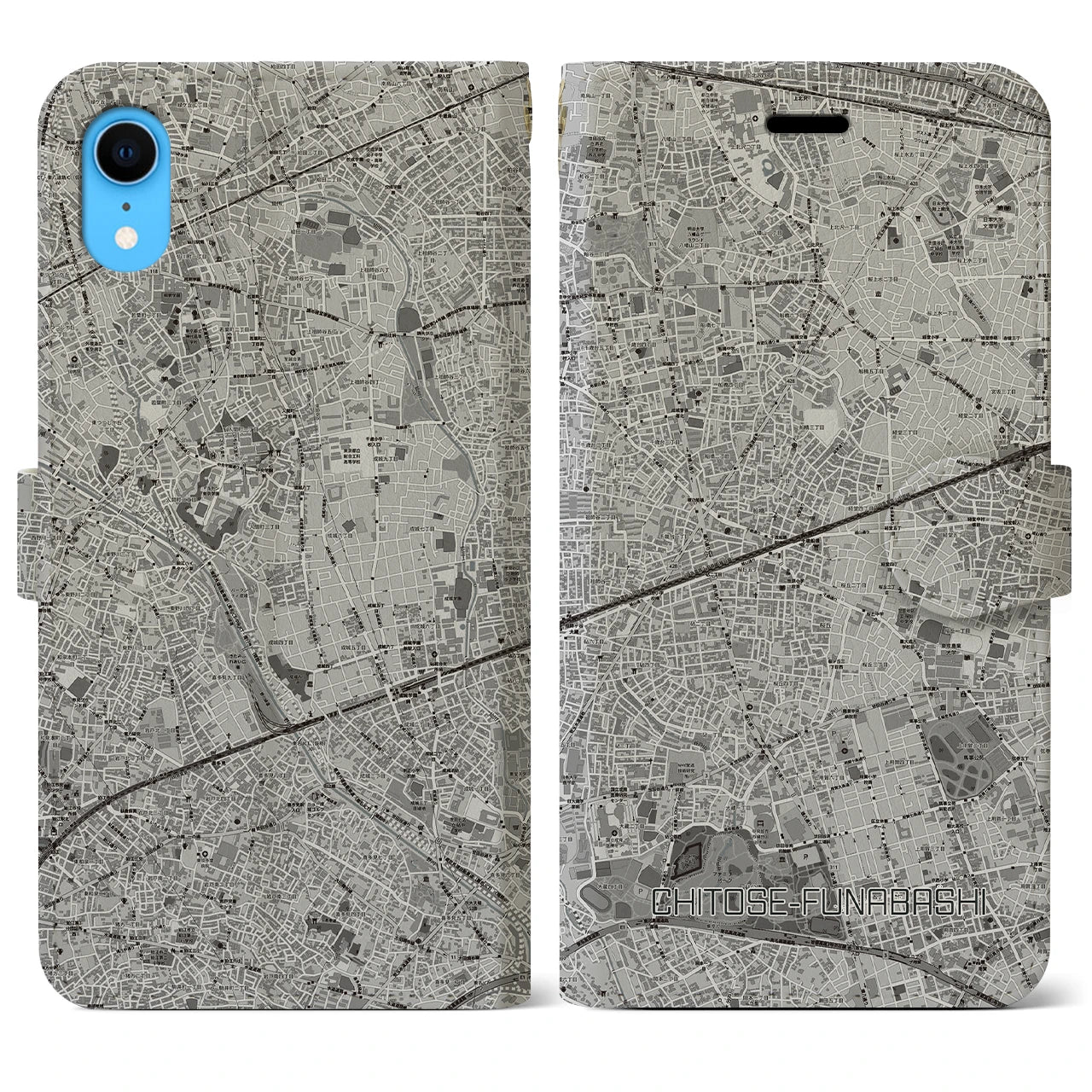 【千歳船橋】地図柄iPhoneケース（手帳両面タイプ・モノトーン）iPhone XR 用