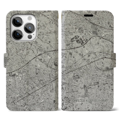 【千歳烏山（東京都）】地図柄iPhoneケース（手帳タイプ）モノトーン・iPhone 14 Pro 用