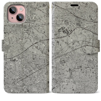 【千歳烏山（東京都）】地図柄iPhoneケース（手帳タイプ）モノトーン・iPhone 15 Plus 用