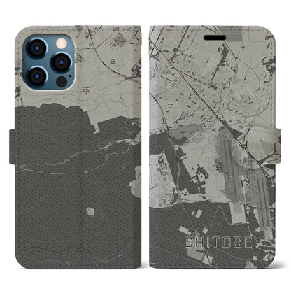 【千歳（北海道）】地図柄iPhoneケース（手帳タイプ）モノトーン・iPhone 12 / 12 Pro 用