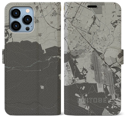 【千歳（北海道）】地図柄iPhoneケース（手帳タイプ）モノトーン・iPhone 13 Pro Max 用