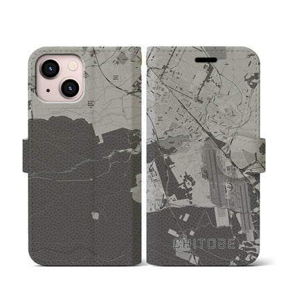 【千歳（北海道）】地図柄iPhoneケース（手帳タイプ）モノトーン・iPhone 13 mini 用