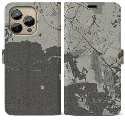 【千歳（北海道）】地図柄iPhoneケース（手帳タイプ）モノトーン・iPhone 14 Pro Max 用