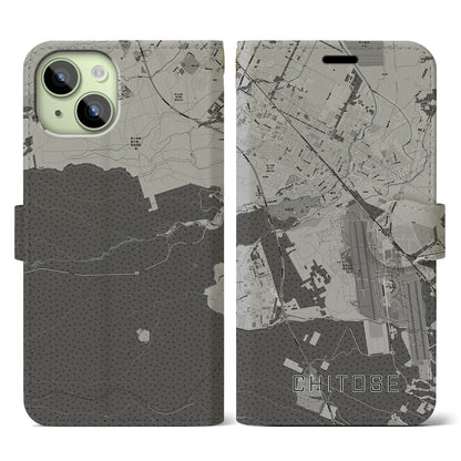 【千歳（北海道）】地図柄iPhoneケース（手帳タイプ）モノトーン・iPhone 15 用