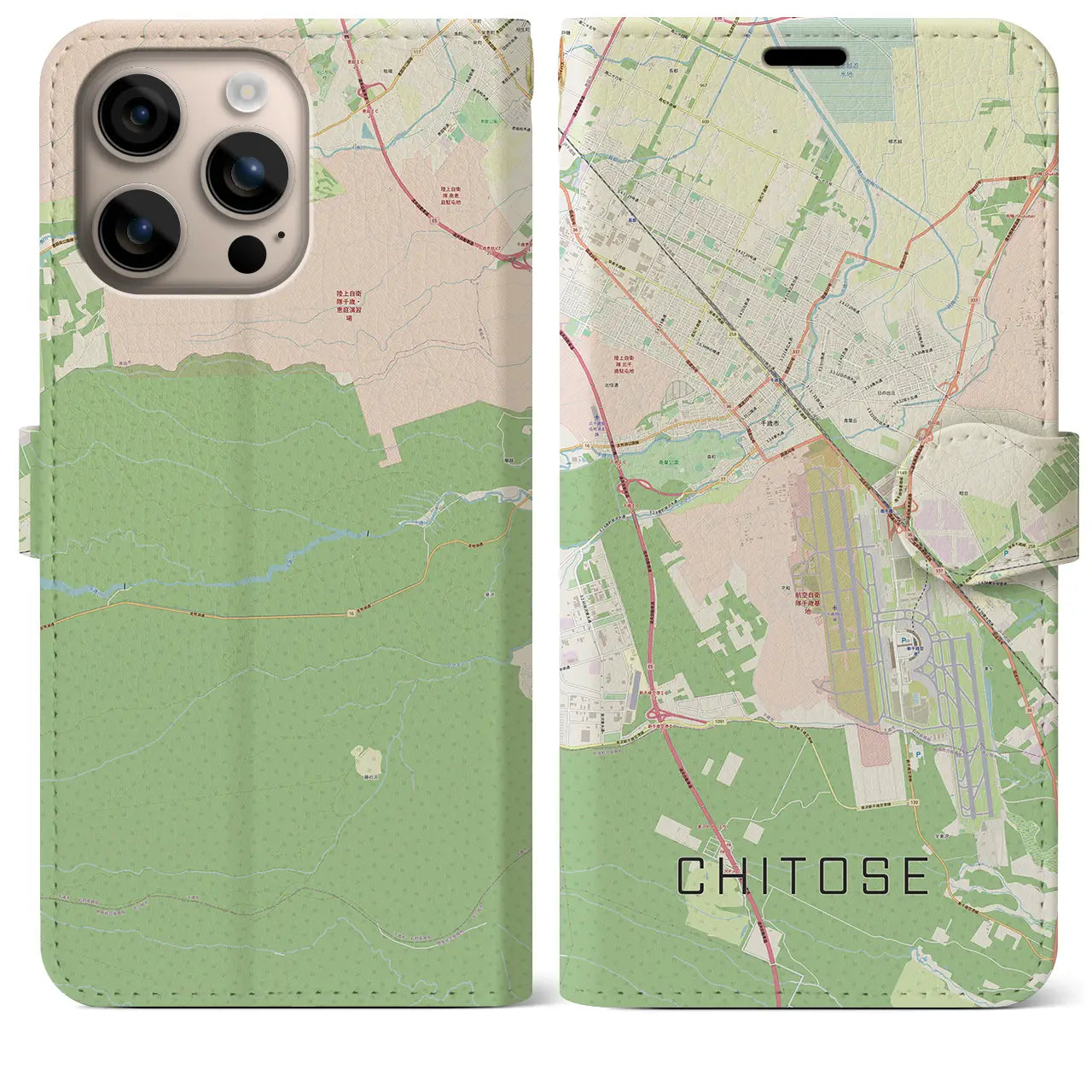 【千歳（北海道）】地図柄iPhoneケース（手帳タイプ）ナチュラル・iPhone 16 Plus 用