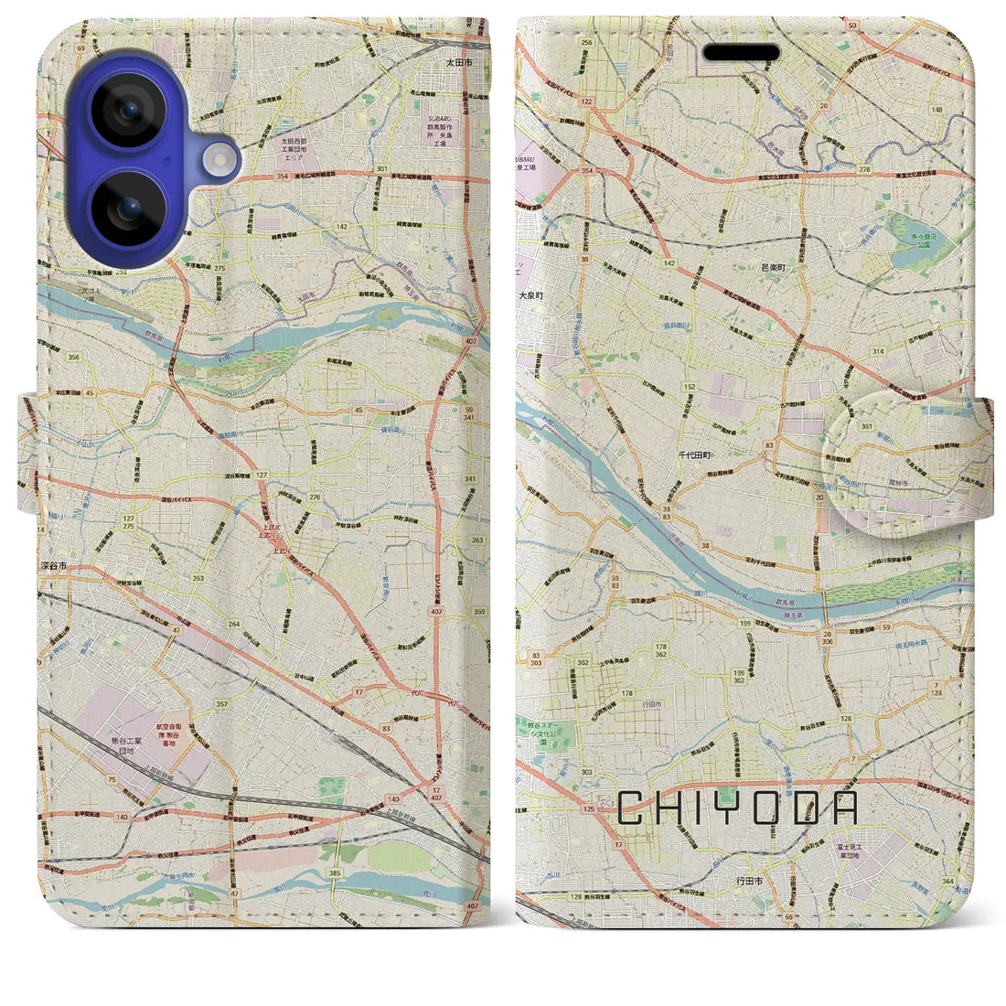 【千代田(群馬県)】地図柄iPhoneケース(手帳タイプ)モノトーン・iPhone 16 Pro Max 用