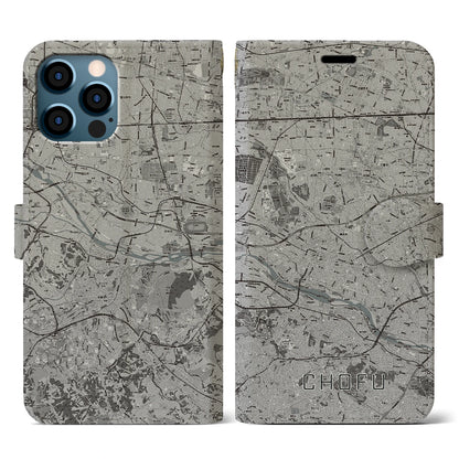 【調布2（東京都）】地図柄iPhoneケース（手帳タイプ）モノトーン・iPhone 12 / 12 Pro 用