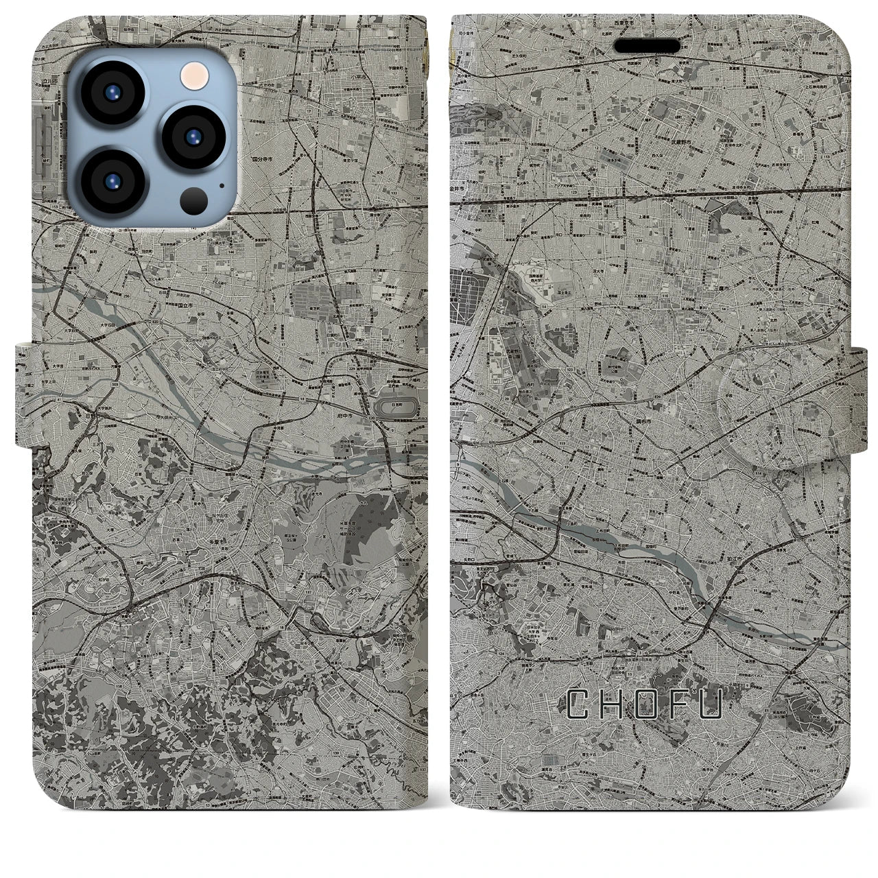 【調布2】地図柄iPhoneケース（手帳両面タイプ・モノトーン）iPhone 13 Pro Max 用