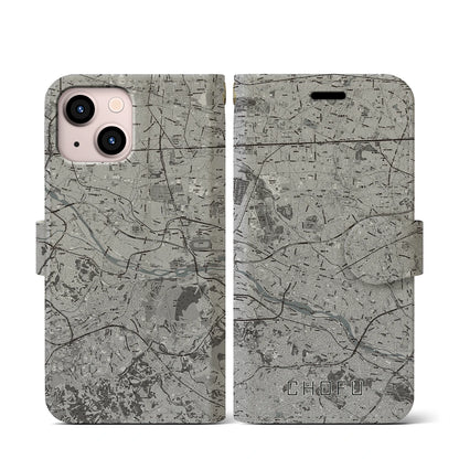 【調布2（東京都）】地図柄iPhoneケース（手帳タイプ）モノトーン・iPhone 13 mini 用