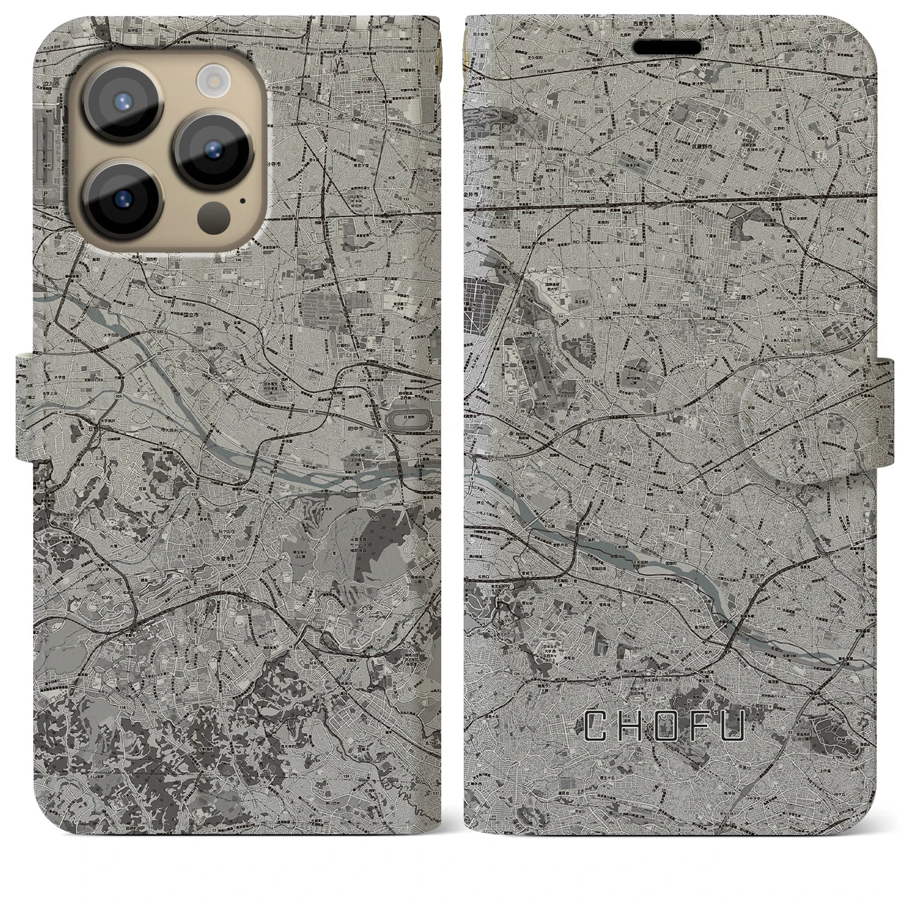 【調布2】地図柄iPhoneケース（手帳両面タイプ・モノトーン）iPhone 14 Pro Max 用