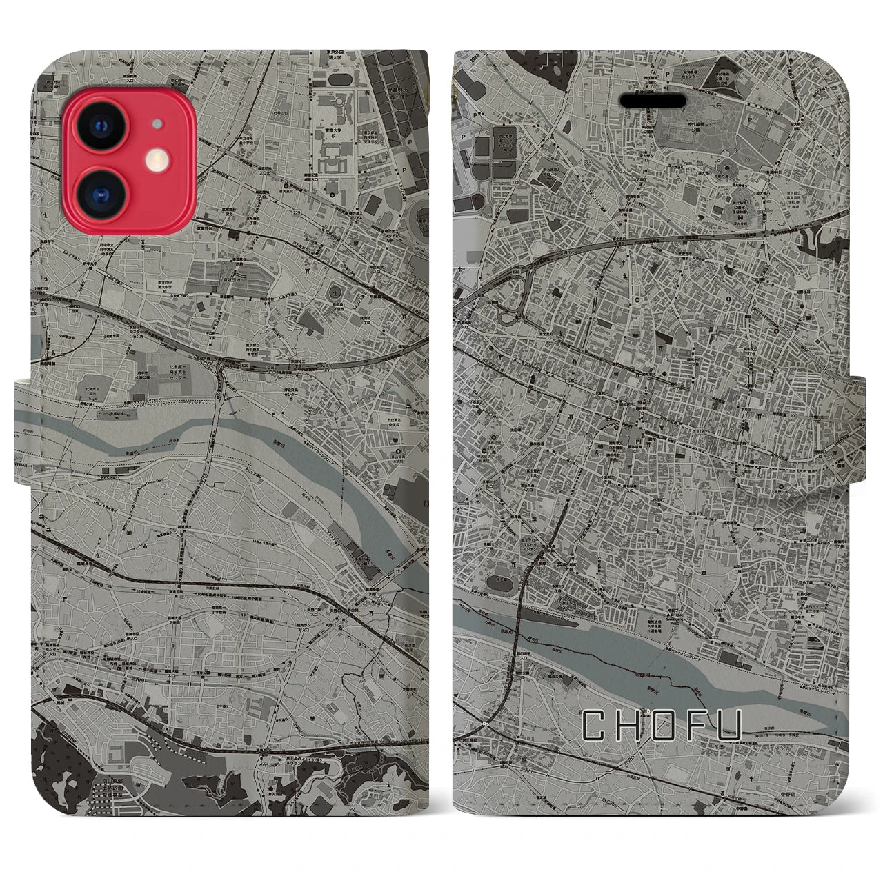 【調布】地図柄iPhoneケース（手帳両面タイプ・モノトーン）iPhone 11 用