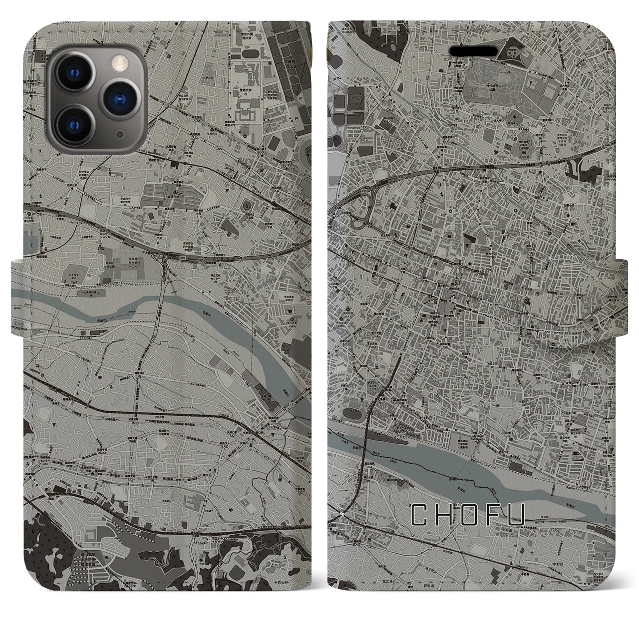 【調布】地図柄iPhoneケース（手帳両面タイプ・モノトーン）iPhone 11 Pro Max 用