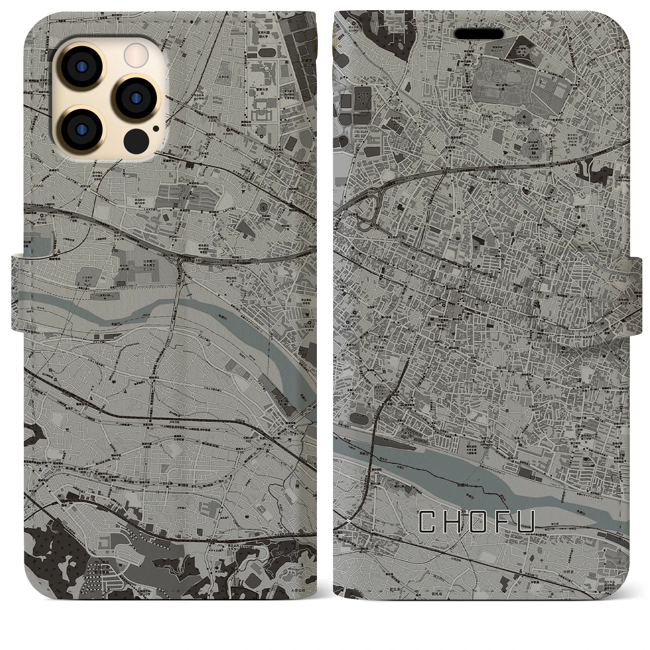 【調布】地図柄iPhoneケース（手帳両面タイプ・モノトーン）iPhone 12 Pro Max 用