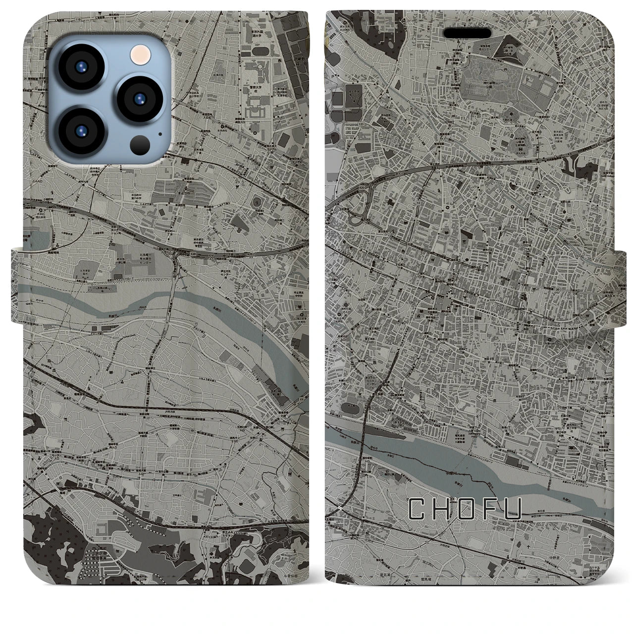 【調布】地図柄iPhoneケース（手帳両面タイプ・モノトーン）iPhone 13 Pro Max 用