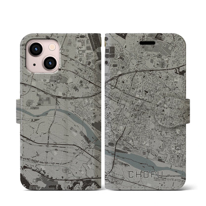 【調布（東京都）】地図柄iPhoneケース（手帳タイプ）モノトーン・iPhone 13 mini 用