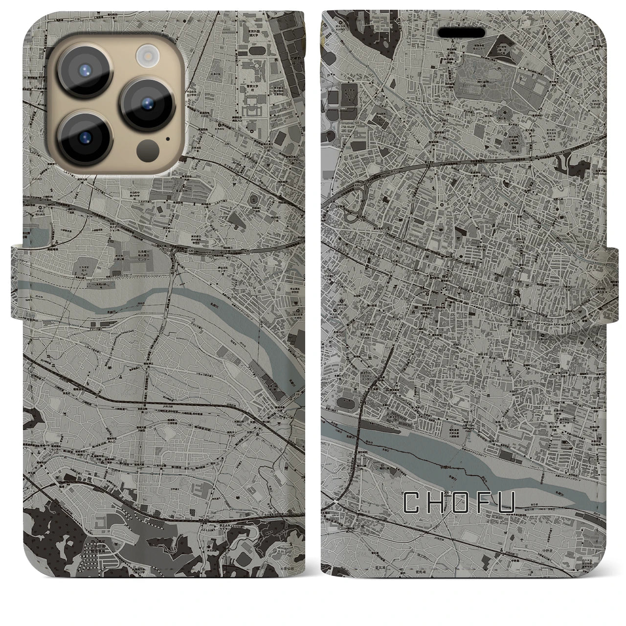 【調布】地図柄iPhoneケース（手帳両面タイプ・モノトーン）iPhone 14 Pro Max 用