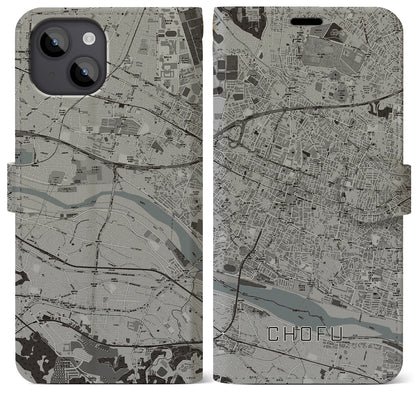 【調布（東京都）】地図柄iPhoneケース（手帳タイプ）モノトーン・iPhone 14 Plus 用