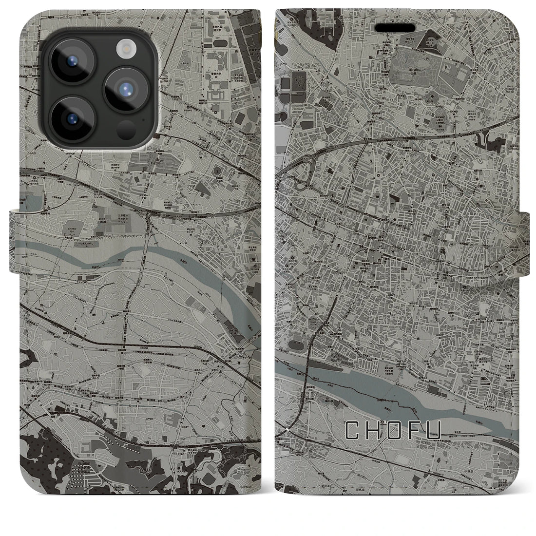 【調布】地図柄iPhoneケース（手帳両面タイプ・モノトーン）iPhone 15 Pro Max 用