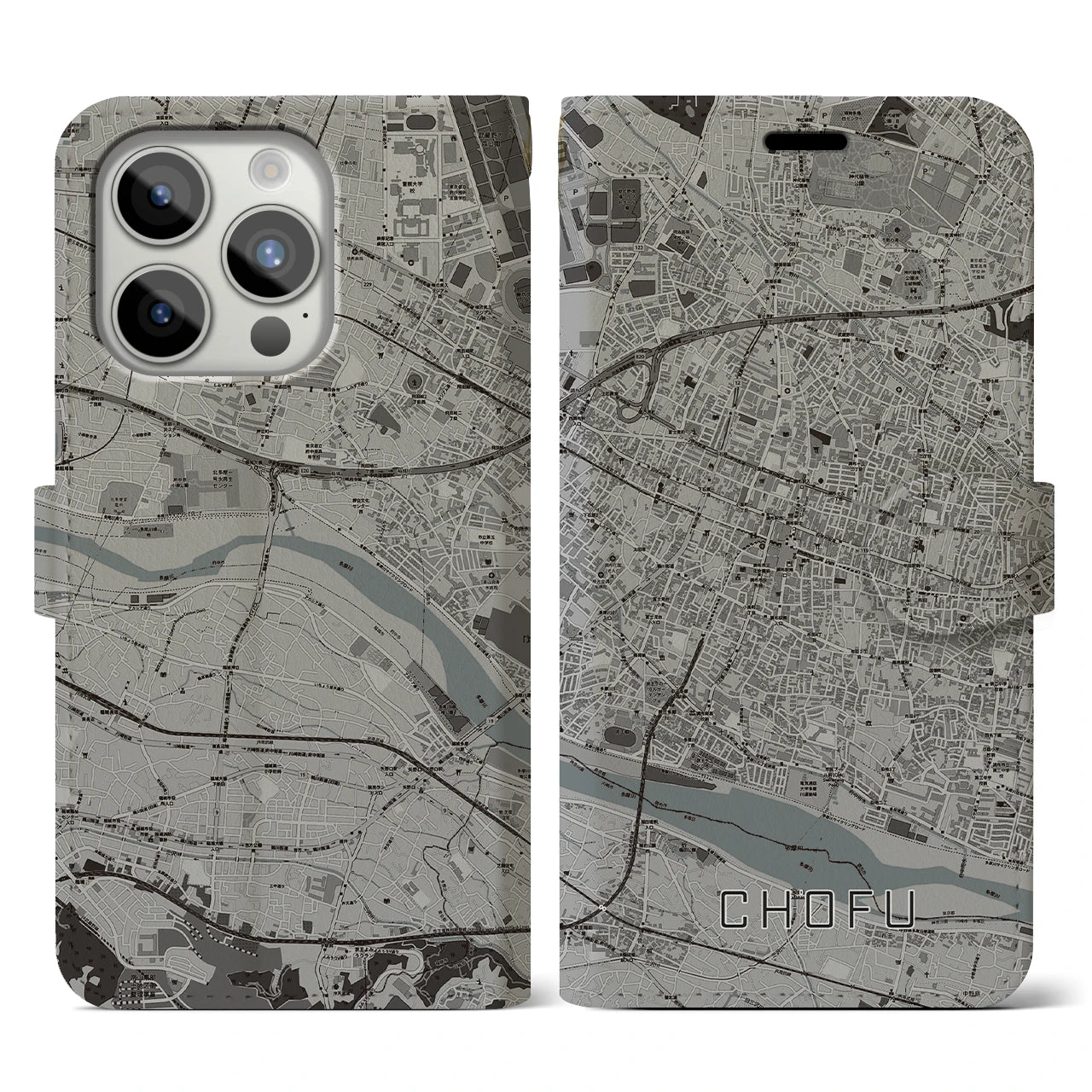【調布】地図柄iPhoneケース（手帳両面タイプ・モノトーン）iPhone 15 Pro 用