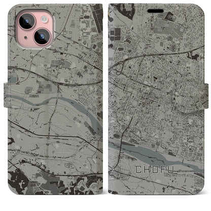 【調布（東京都）】地図柄iPhoneケース（手帳タイプ）モノトーン・iPhone 15 Plus 用
