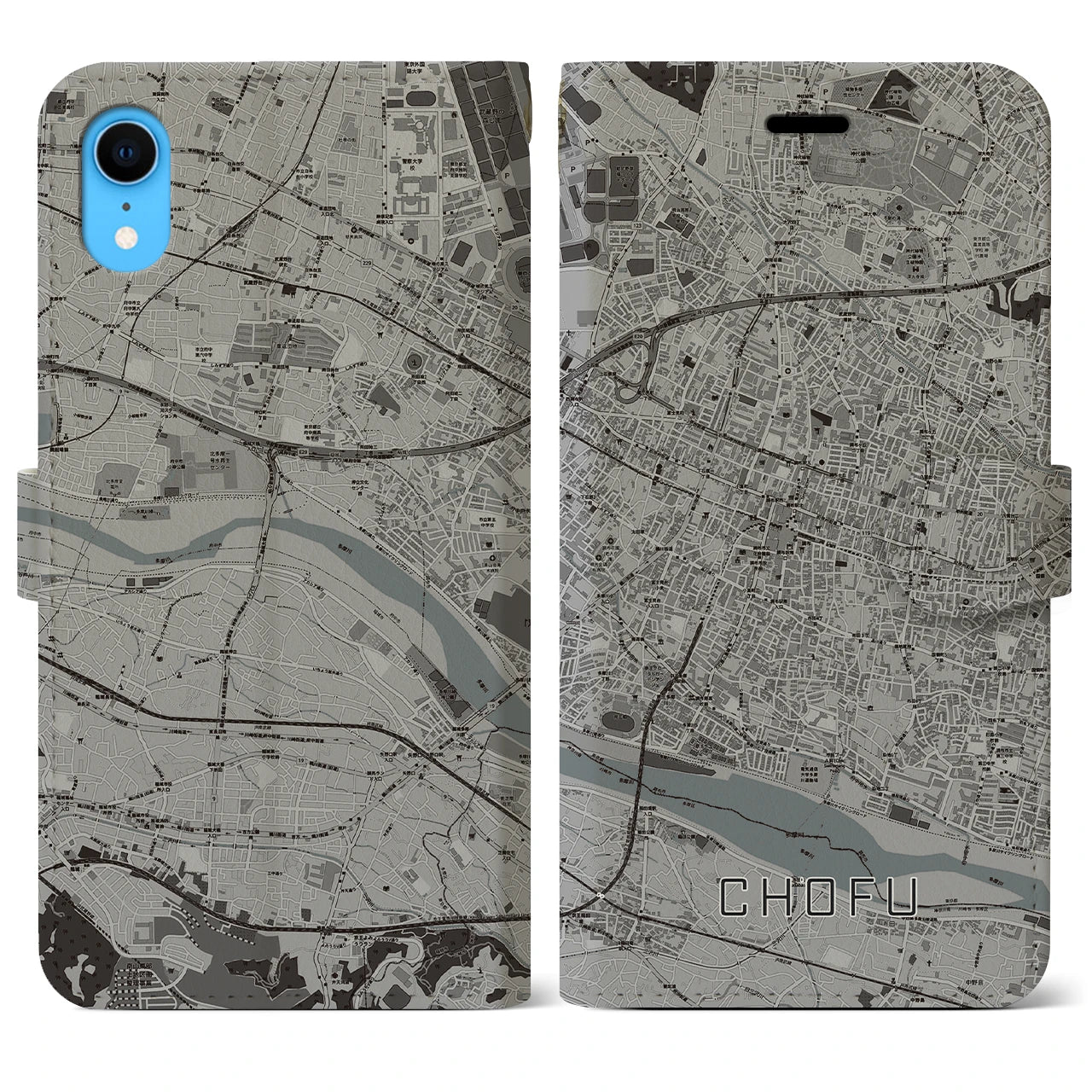 【調布】地図柄iPhoneケース（手帳両面タイプ・モノトーン）iPhone XR 用